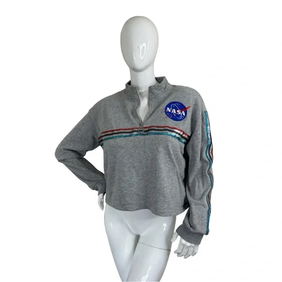 NASA metallic stripes embroidery logo cropped grey pull over light sweater XL - Picture 12 of 14